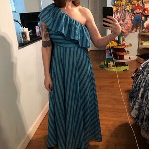 Aston studio blue and green striped one shoulder maxi dress